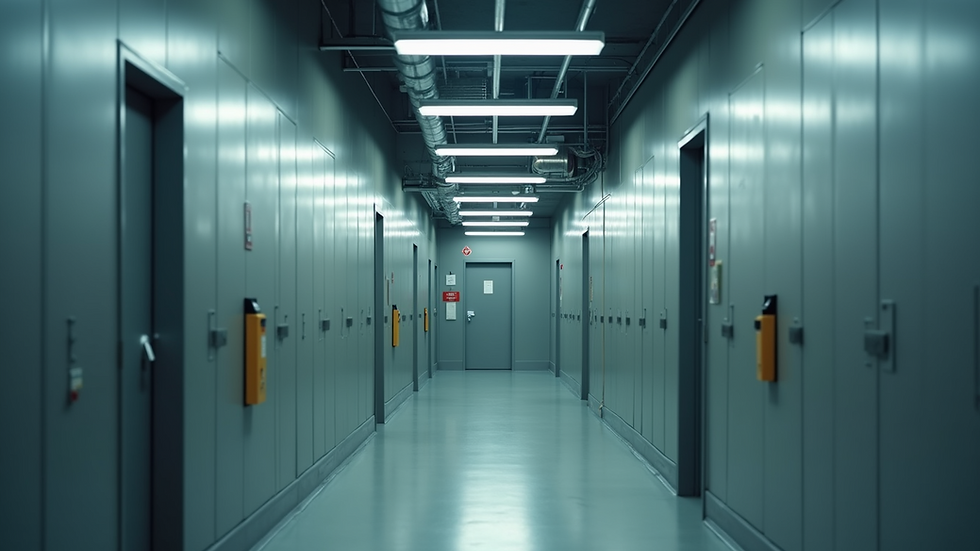 Eye-level view of a workplace with clear safety signs and well-lit corridors