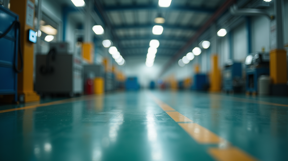 Eye-level view of a factory floor with safety signs and equipment