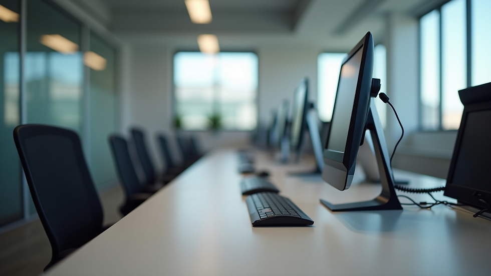 Close-up view of a commercial office workstation with ergonomic setup