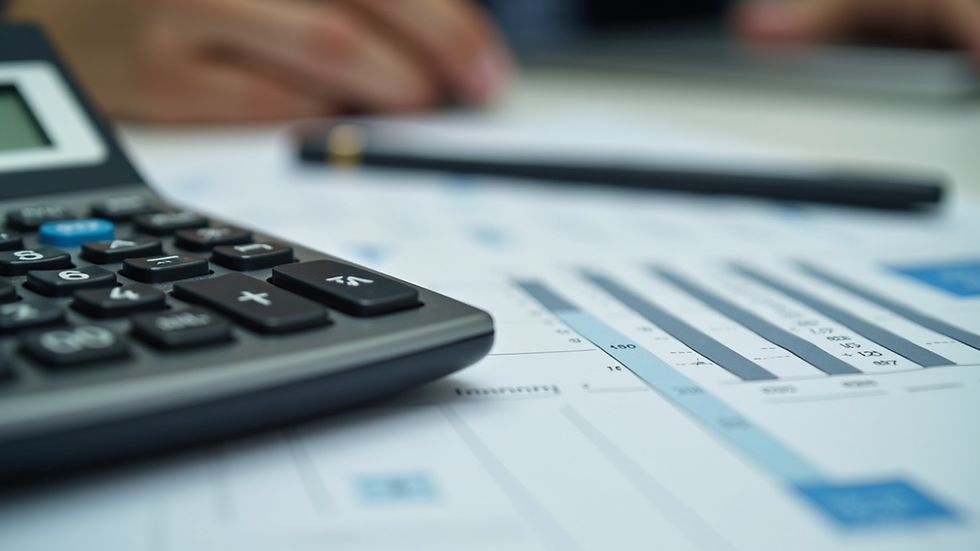 Close-up view of a calculator and financial documents on a desk