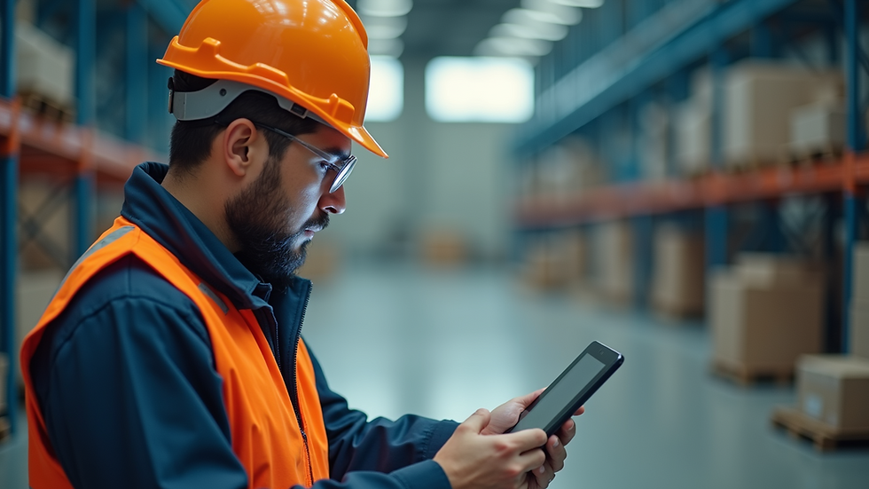 Close-up view of a worker wearing a safety helmet and using a tablet for training