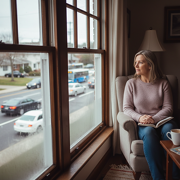 Homeowner noticing outside street noise near a living room window
