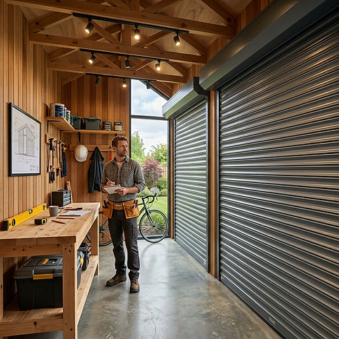 Finished custom shed with a closed aluminium roll-up shutter ready for quote review