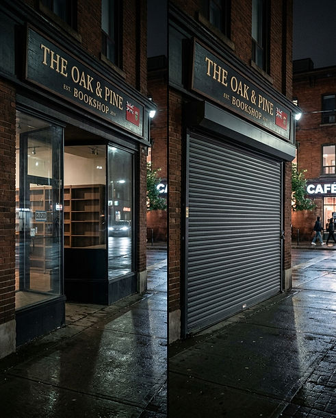 Commercial storefront shown exposed on one side and protected by a closed security shutter