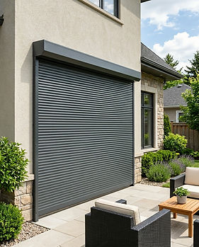 Finished Modern residential security shutter installed over Patio door opening