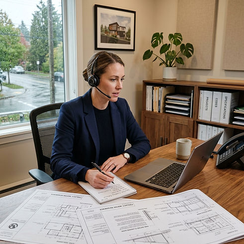Project coordinator speaking with a client and reviewing specialist referral information