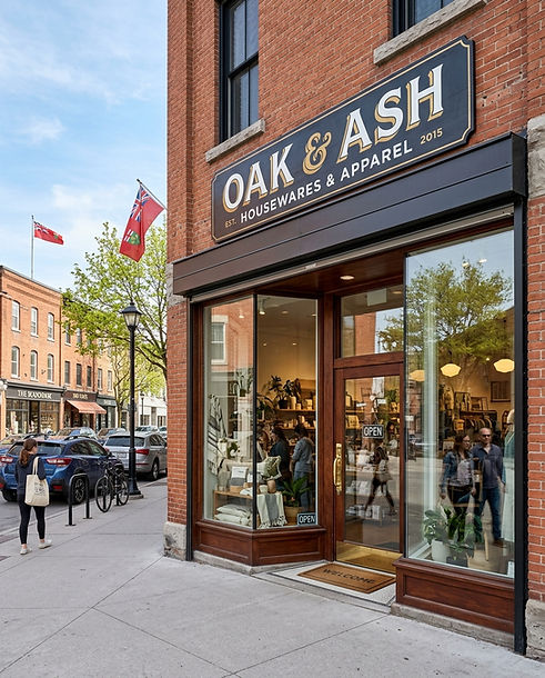 Commercial storefront with security shutter retracted above the opening during daytime bus