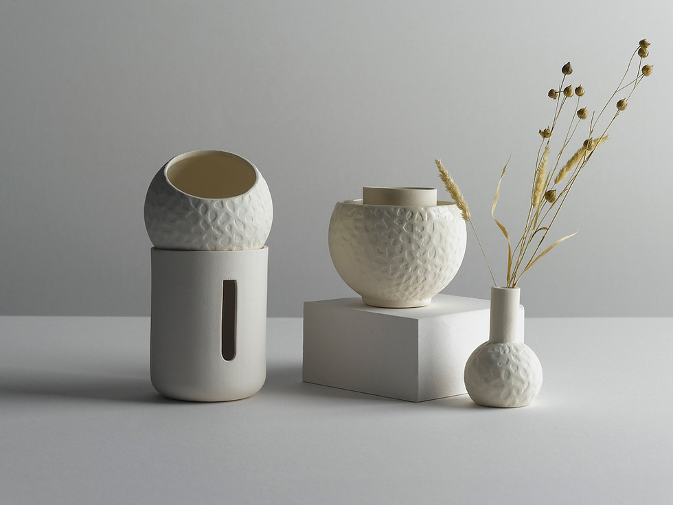 Moment Kit white ceramic calming set with oil burner, tea cup, and small vase