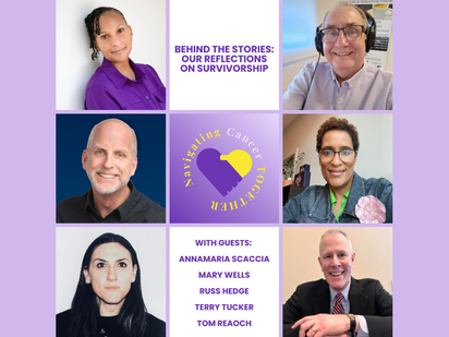 A collage of five people smiling, text: "Behind the Stories: Our Reflections on Survivorship," purple heart logo, and guest names on a lavender background.