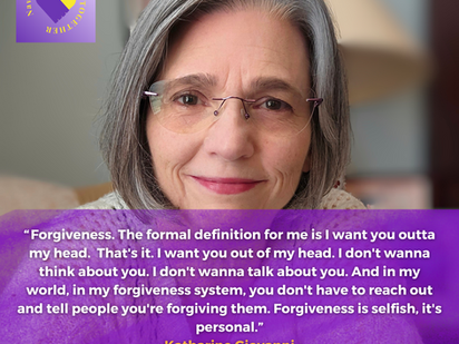 Woman with glasses smiling at the camera, against a soft background. Text overlay reads: "I forgave cancer..." with reflections on healing.