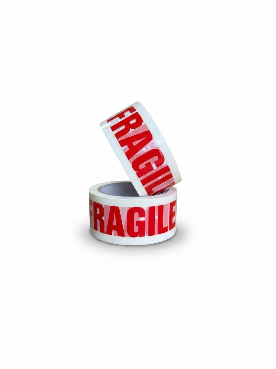 Roll of fragile parcel tape measuring 48mm x 66m with strong acrylic adhesive for parcel sealing and shipping