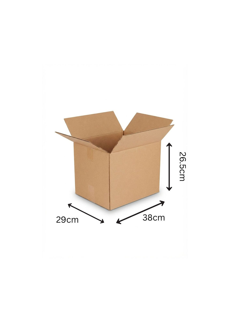 Medium double wall packing box measuring 38cm x 29cm x 26.5cm for moving, storage and shipping with sizes