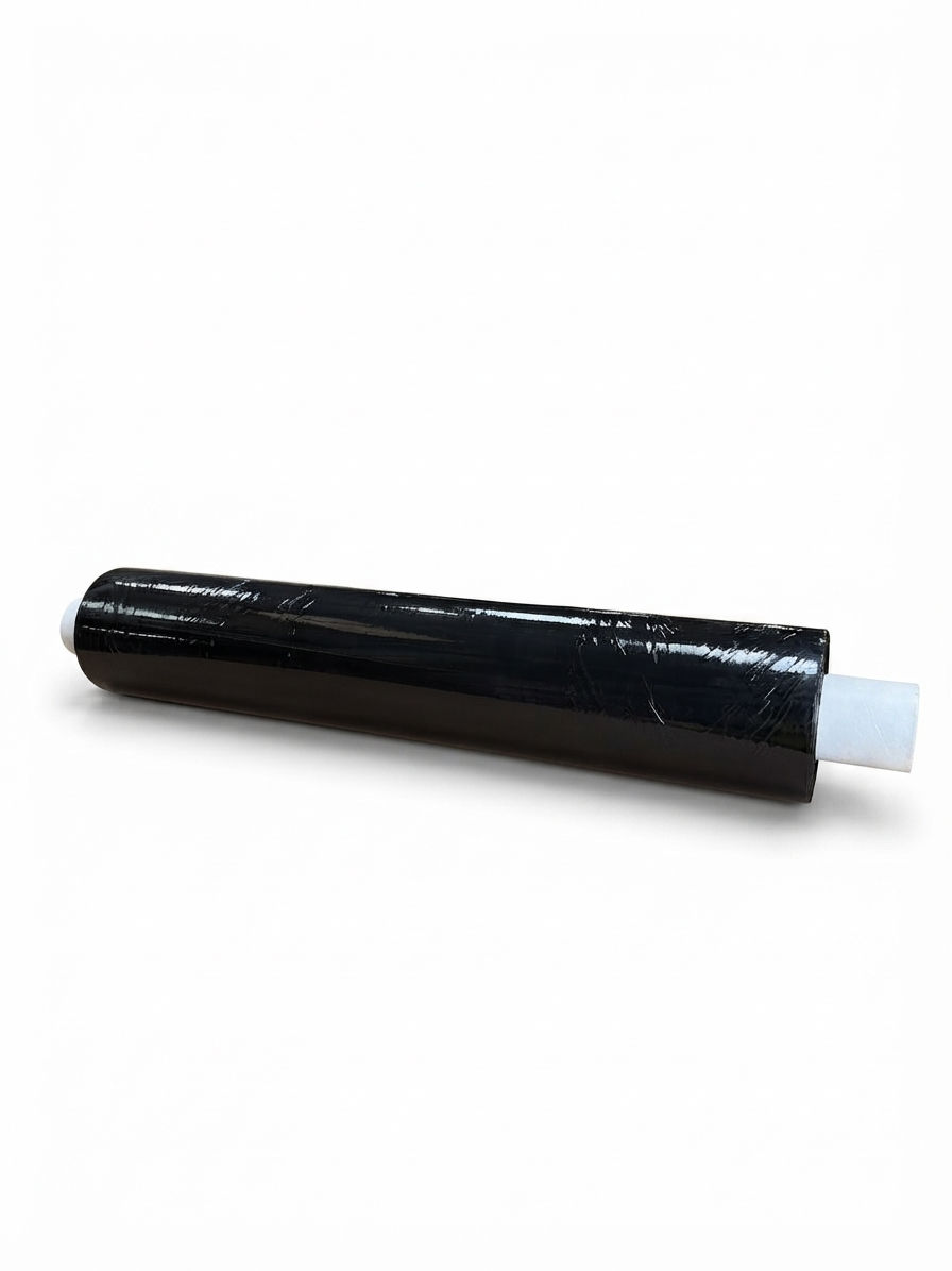 Single roll of premium black stretch wrap measuring 50cm x 250m with extended core and 23 micron film for pallet wrapping