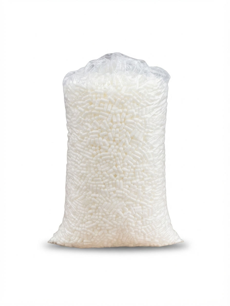 15 cubic feet of loose fill packing peanuts made from 100% recycled material for parcel protection and void filling