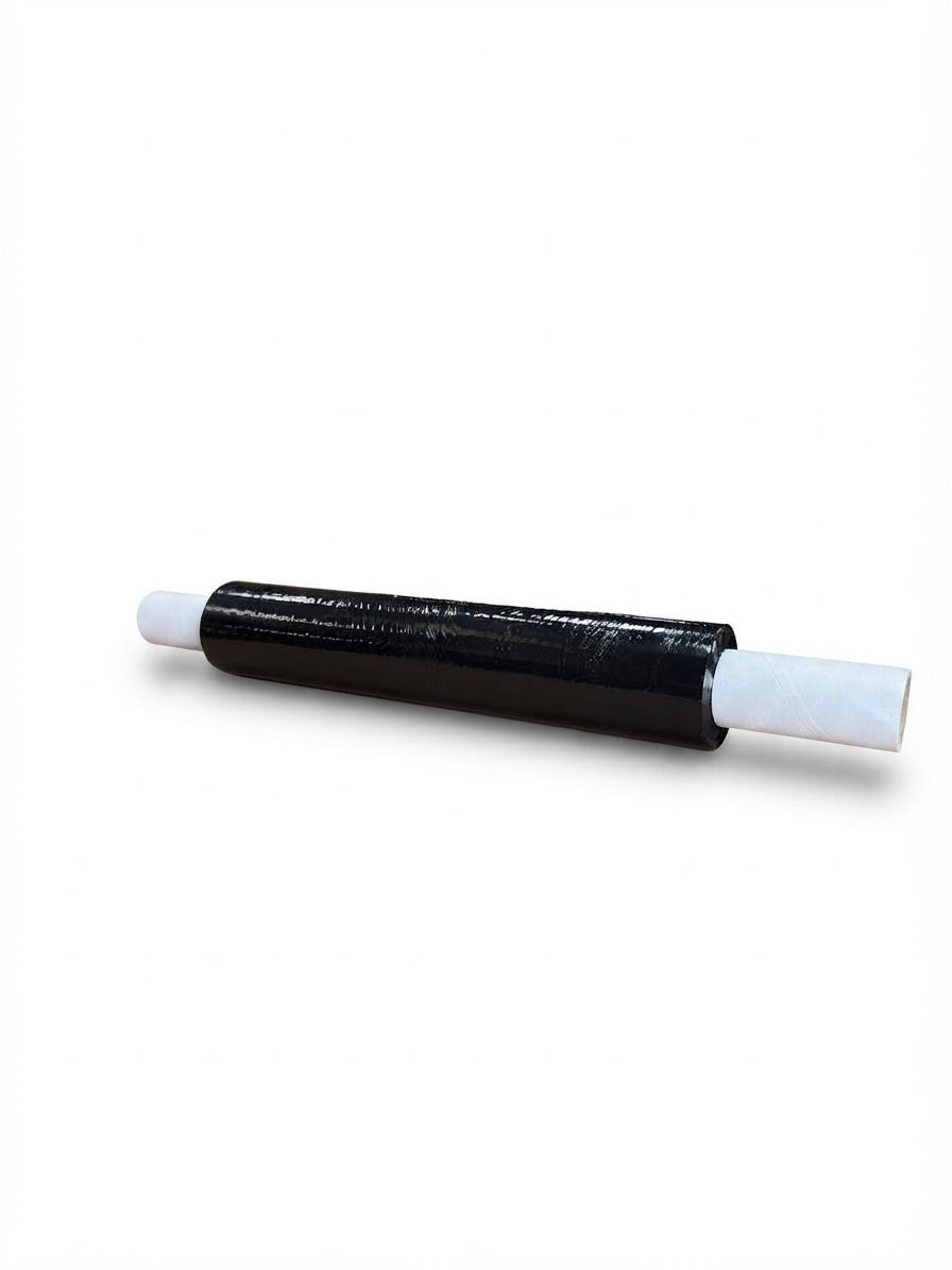 Single roll of standard black stretch wrap measuring 40cm x 200m with extended core and 17 micron film for pallet wrapping