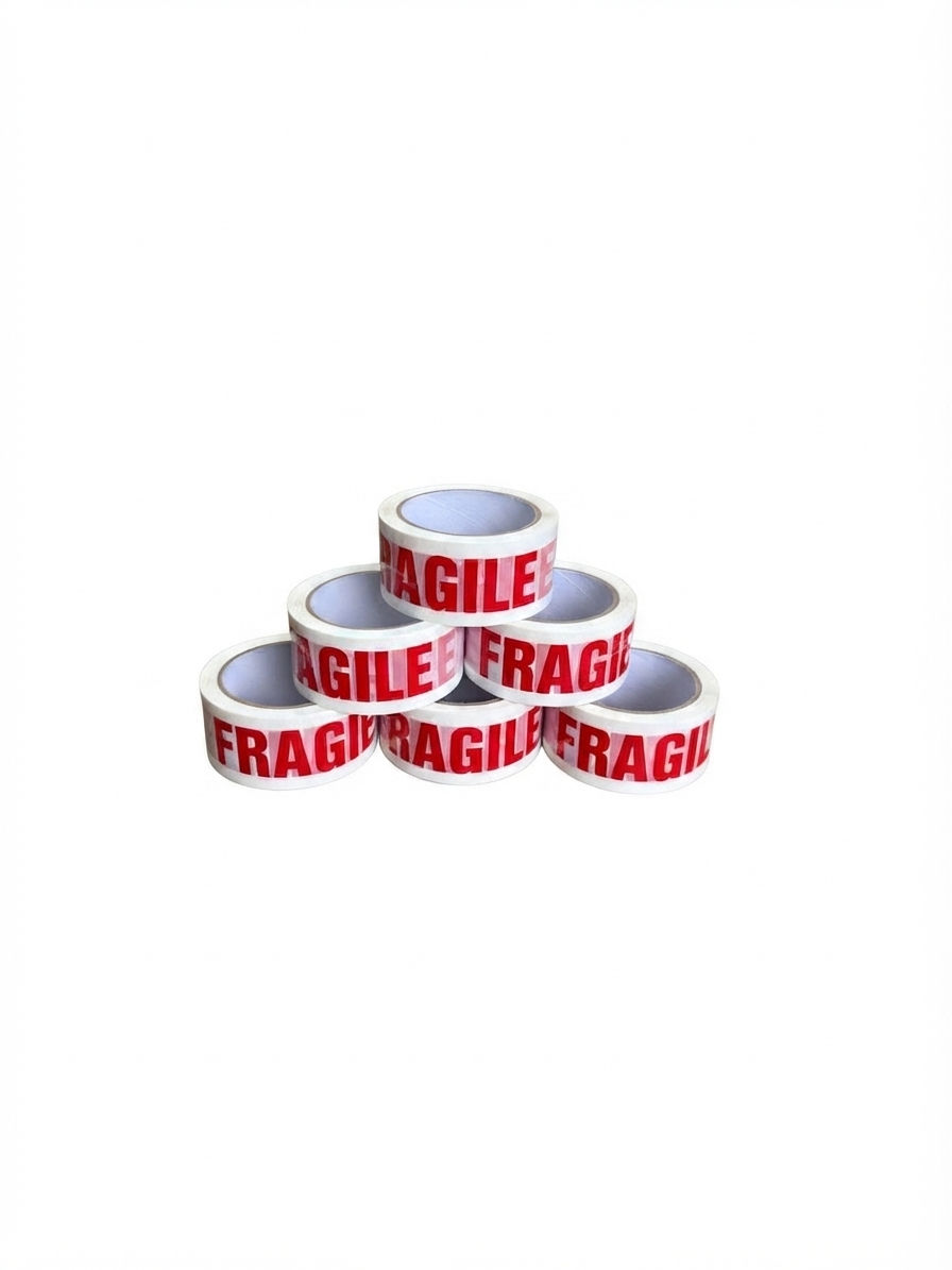 Pack of 6 fragile parcel tape rolls measuring 48mm x 66m with strong acrylic adhesive for parcel sealing and shipping