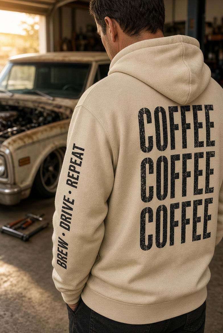 Sand COFFEE COFFEE COFFEE Hoodie seen from behind beside a classic pickup in a garage