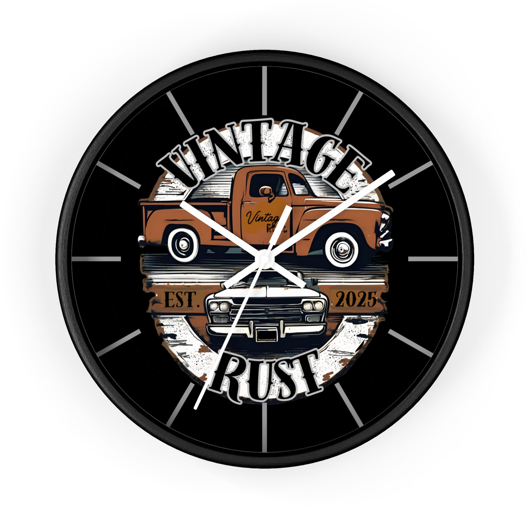 Vintage Rust clock with a vintage truck image and visible text.