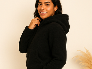 Moletom curto preto de pelúcia, com capuz e bolso R$38,33