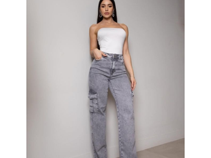 Calça jeans cinza cintura alta, R$47,00