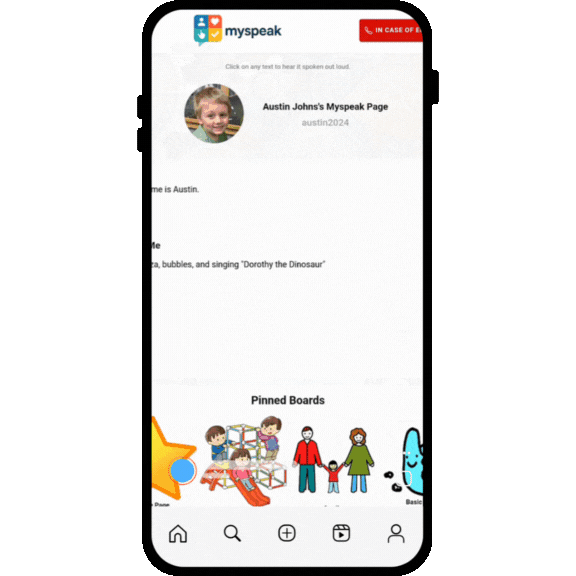 phone screen showing MySpeak+ In Case of Emergency demo
