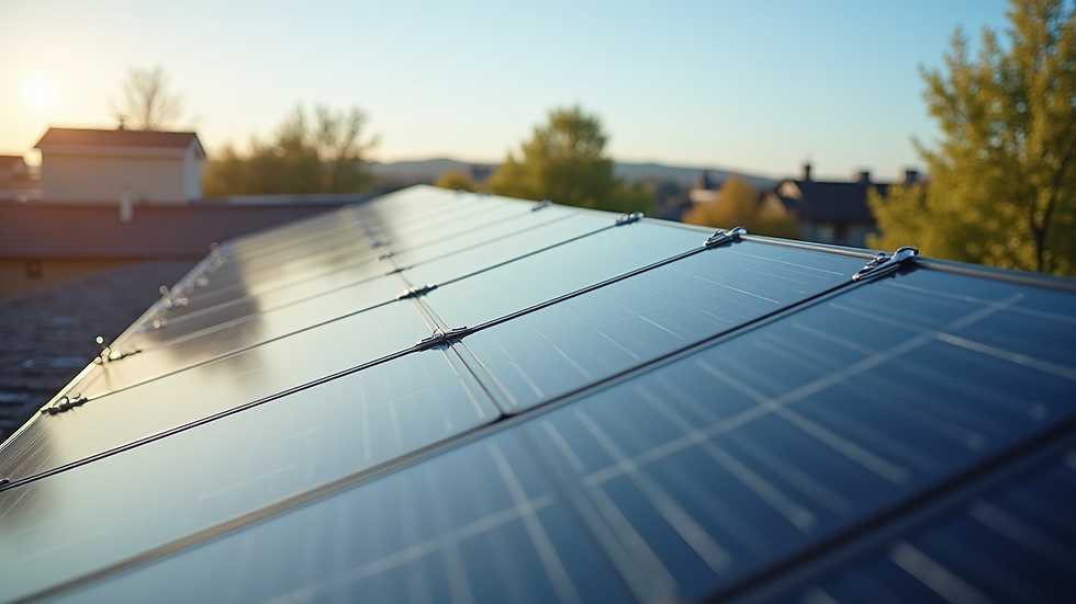 Eye-level view of solar panel array on a residential rooftop