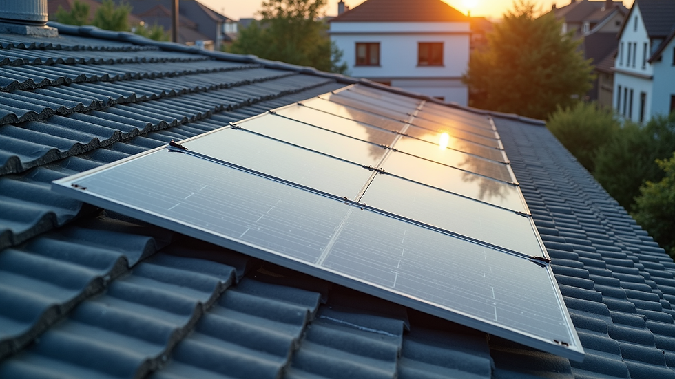 High angle view of solar panels arranged on a residential rooftop