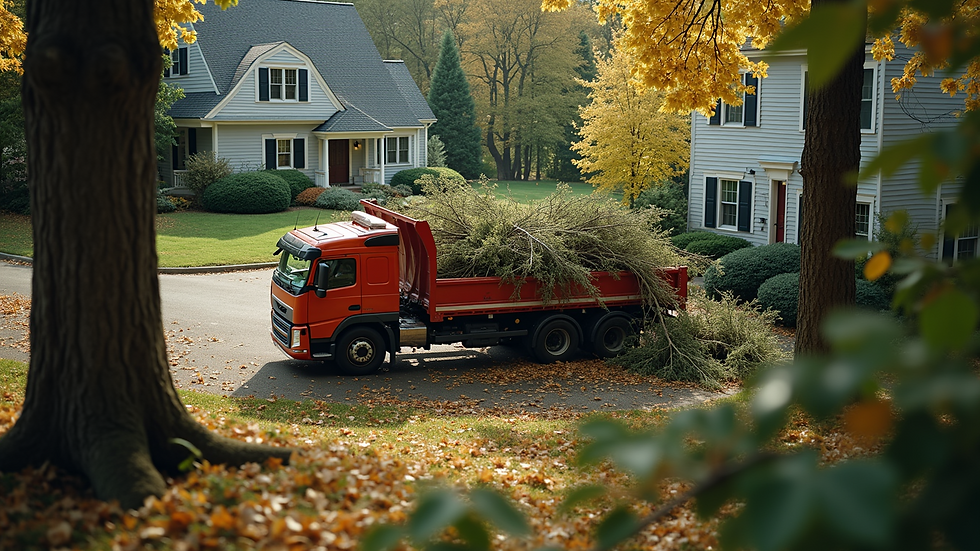 High angle view of a truck removing fallen tree branches from a residential yard