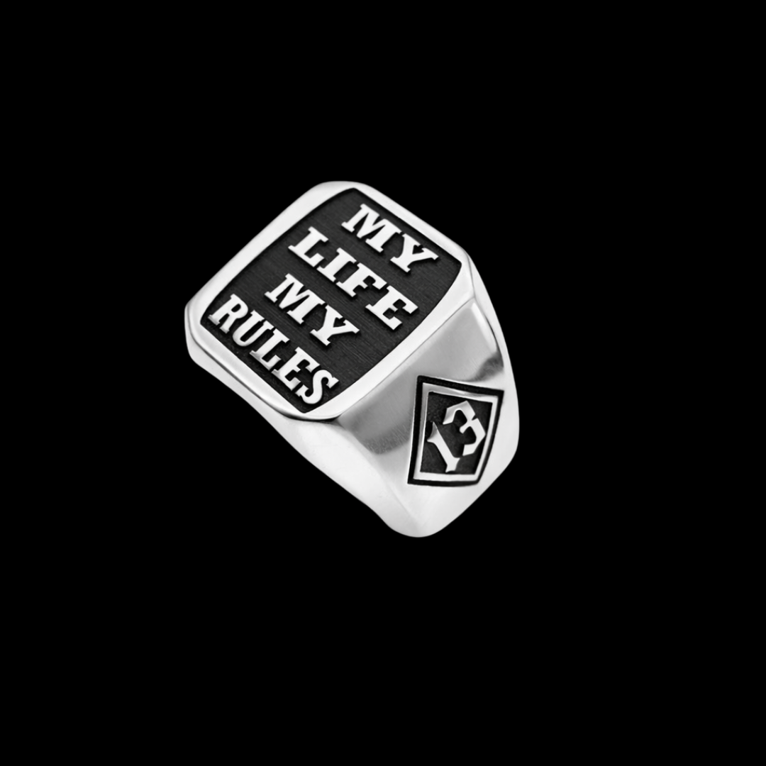 MY LIFE MY RULES Ring Herren Edelstahl massiv Biker Ring Gravur