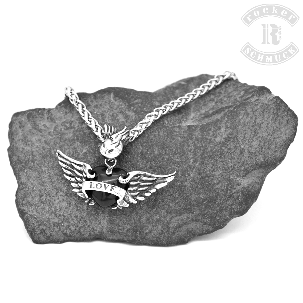 Edelstahl Anhänger "Love" schwarzer Stein mit Flügel und Zopfkette