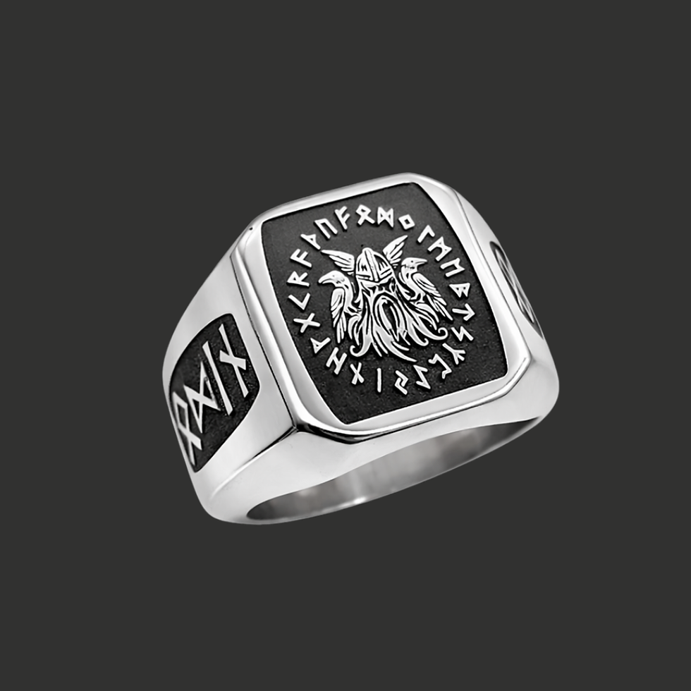 Massiver Odin Wikinger Ring aus Edelstahl mit Runen und tiefgraviertem Motiv, nordischer Männer Schmuck