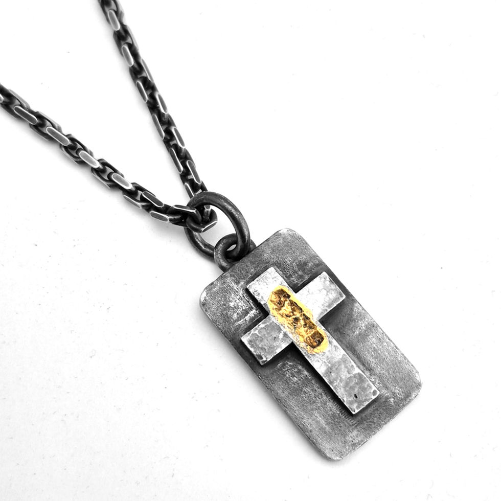Miniaturbild: rustikales Silber Kreuz Anhänger mit Gold und 925 Silber Kette