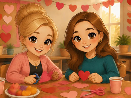 Two smiling adult room parents, one blonde and one brunette, cutting paper hearts at a Valentine classroom table.