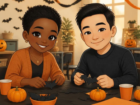 Cute chibi adult room parents at a Halloween party table.