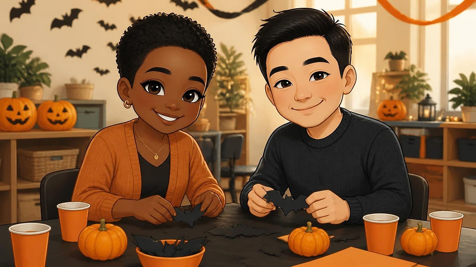 Cute chibi adult room parents at a Halloween party table.