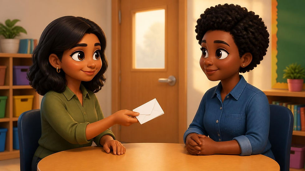 Two chibi adults in a classroom, one handing the teacher a blank note.