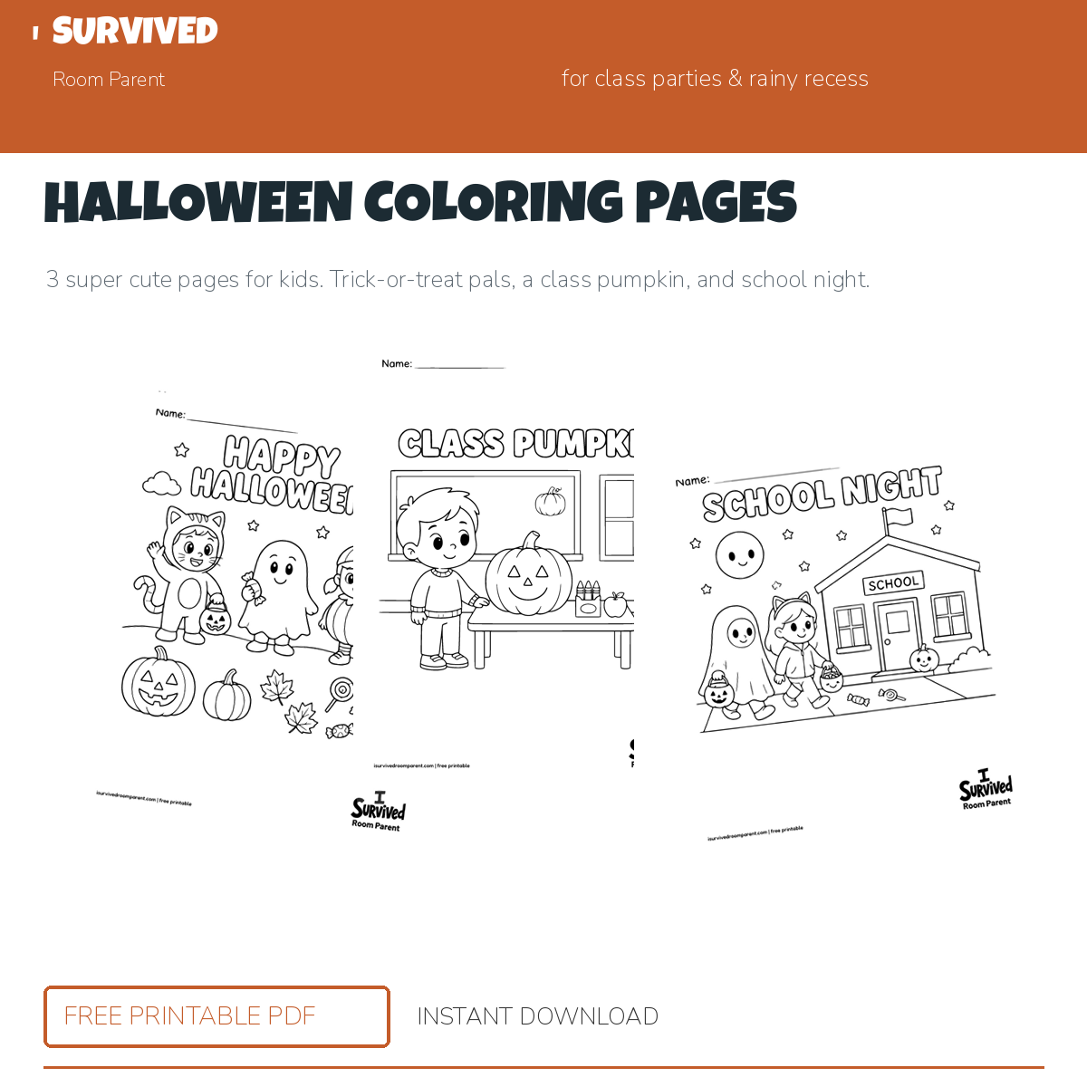 Halloween coloring pages: trick-or-treat pals, a class pumpkin, and school night