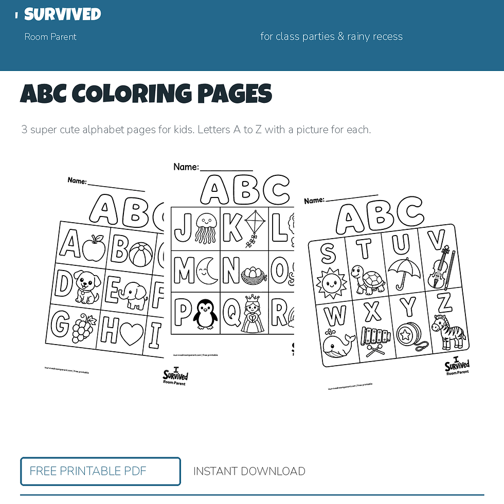 ABC coloring pages: letters A through Z with a picture for every letter