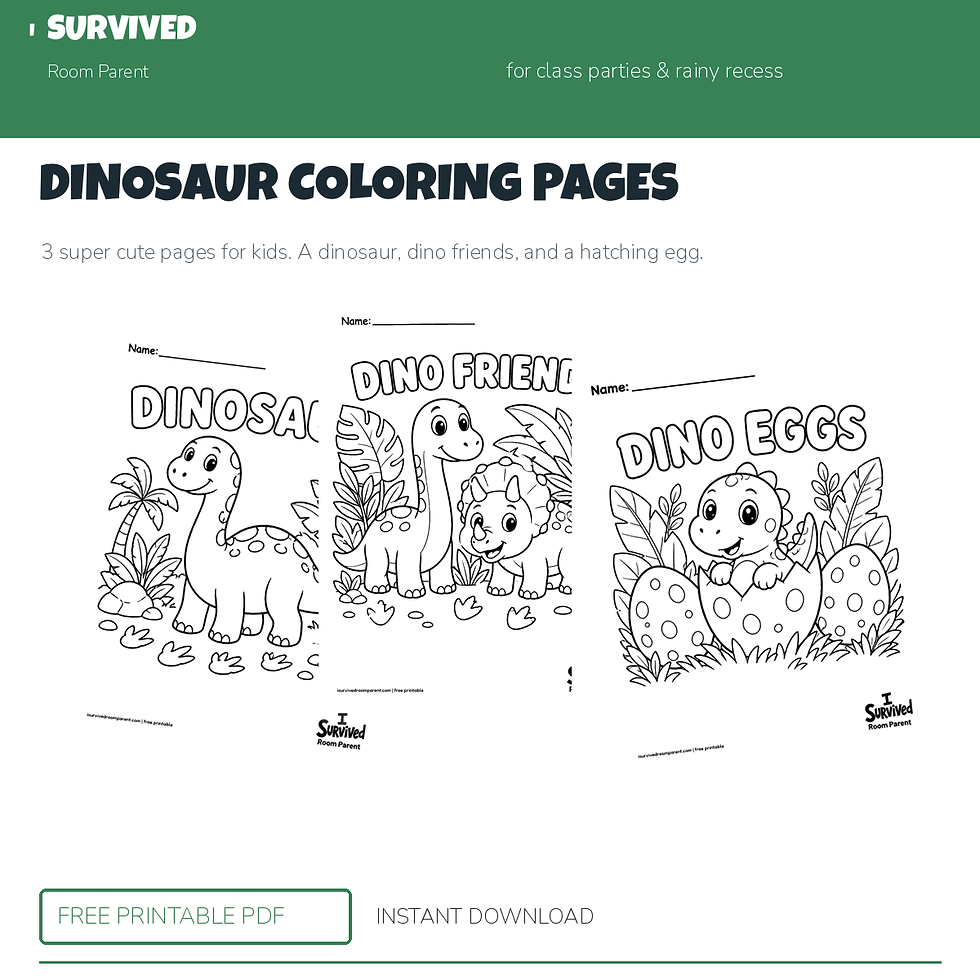 Dinosaur coloring pages: a friendly dinosaur, dino friends, and a hatching egg