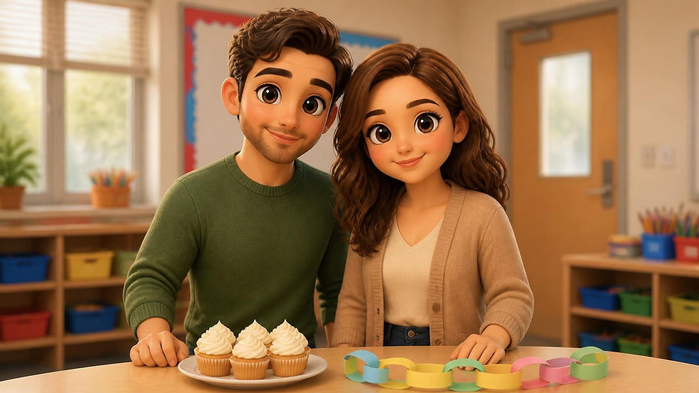 Two chibi parents at a classroom table with simple cupcakes and one paper chain.
