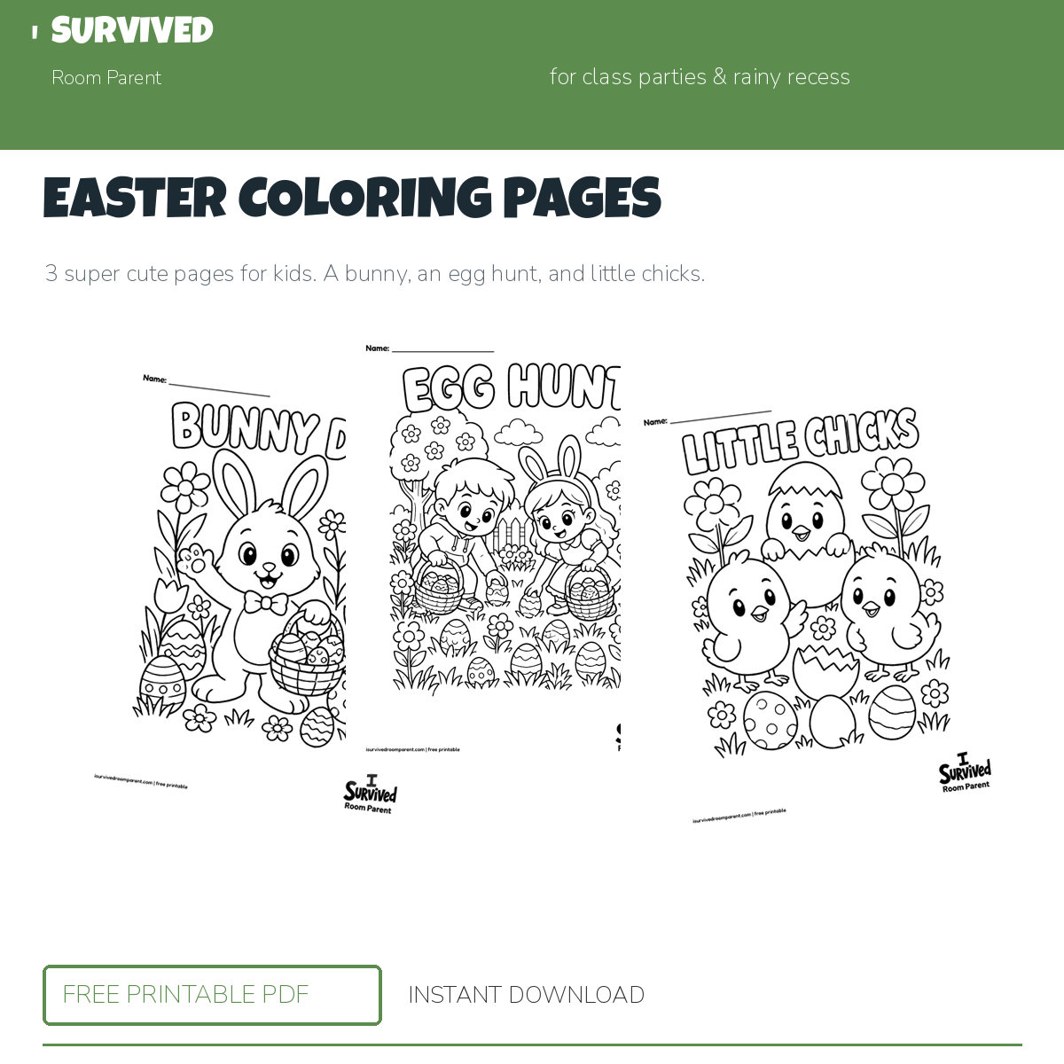 Easter coloring pages: bunny day, an egg hunt, and little chicks