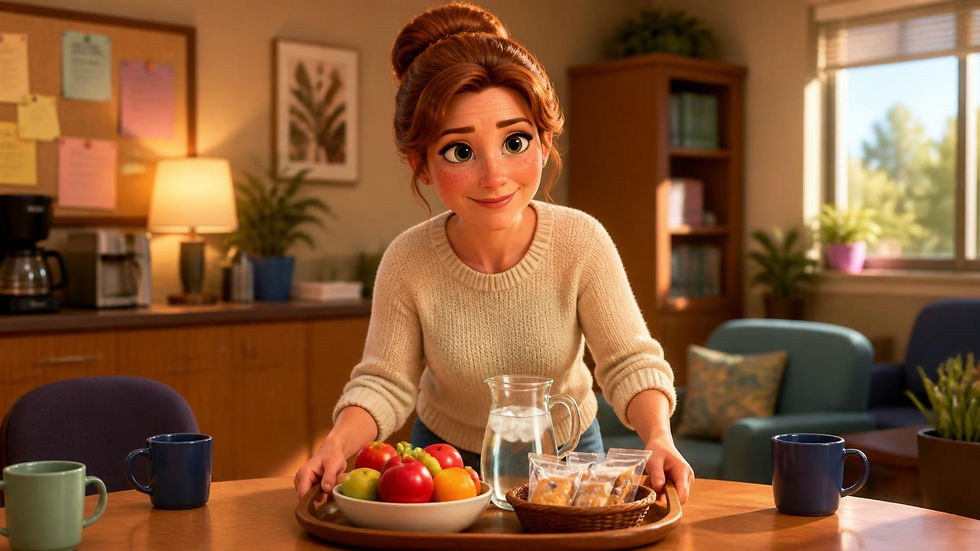 A chibi adult setting a snack tray on a teachers lounge table.