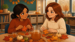 Cute chibi adult room parents at a fall table with leaves and cider.