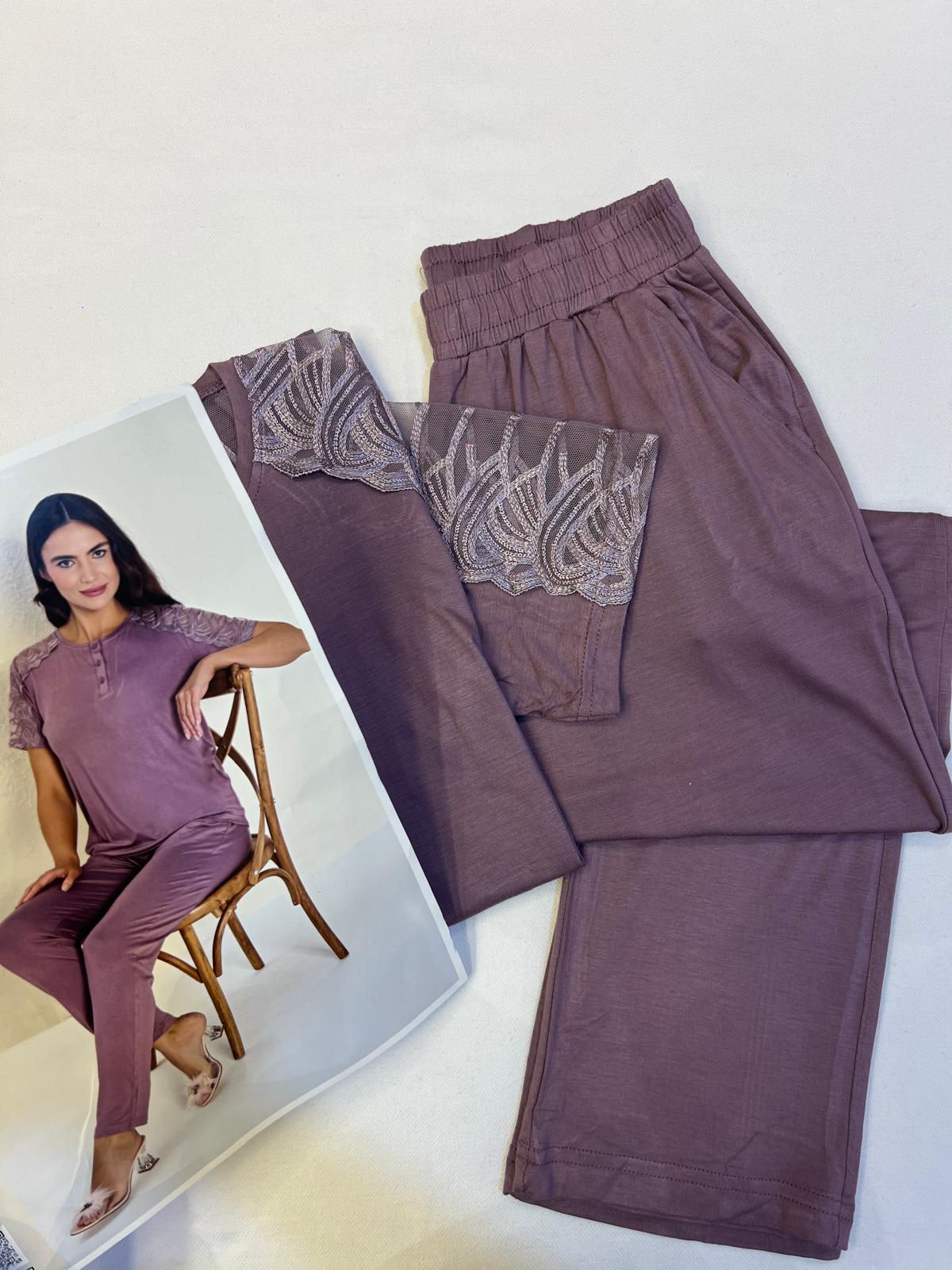 Viskon Kısa Kollu Uzun Pijama Takımı