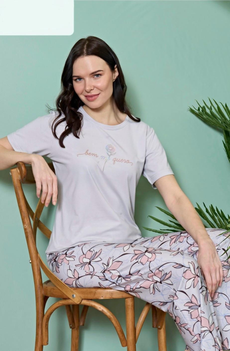 Viskon Kısa Kollu Uzun Pijama Takımı
