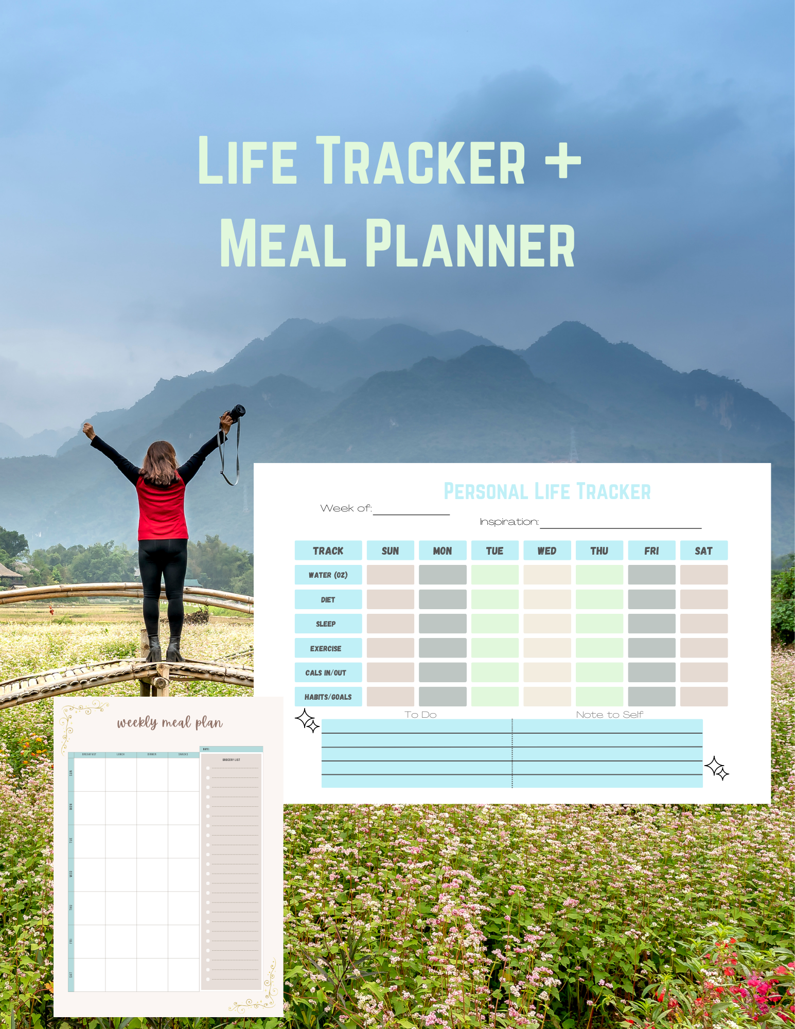 Life and habit tracker plus fitness journal plus weekly meal planner to stay organized.
