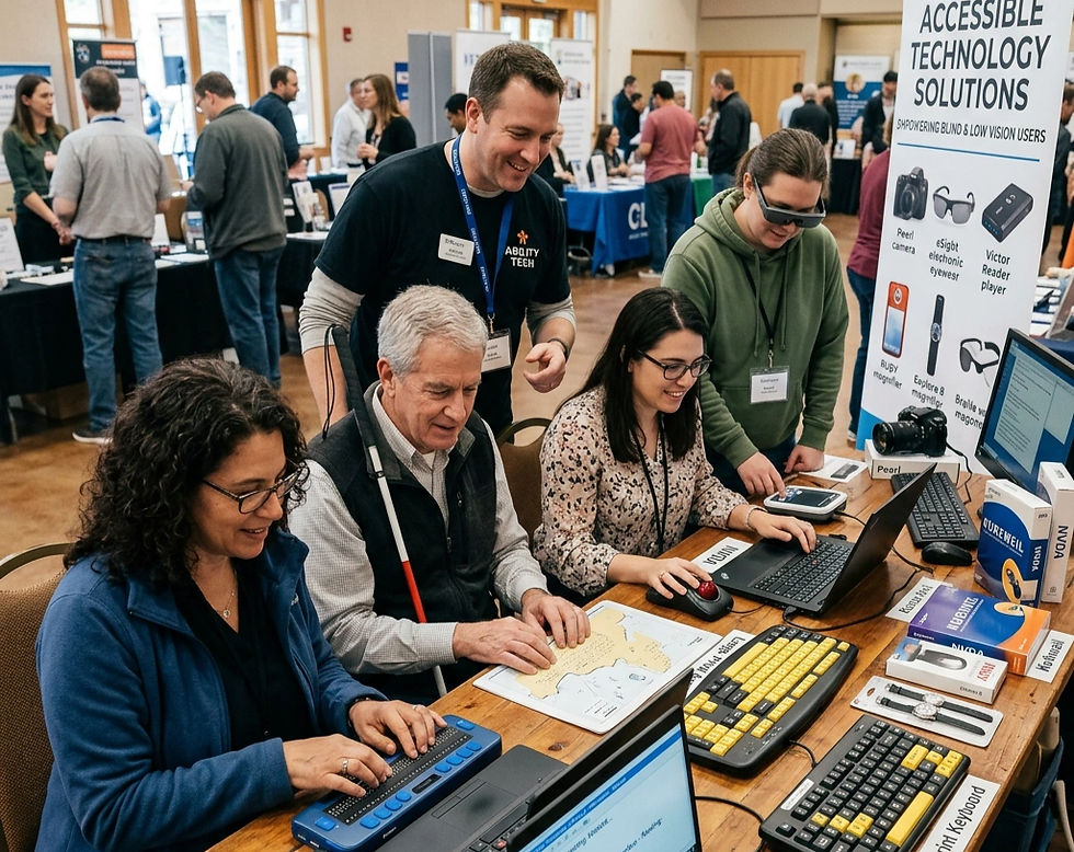 People trying accessible tech devices at a busy expo booth; sign reads Accessible Technology Solutions. Smiles, laptops, braille keyboards, ,software solutions.