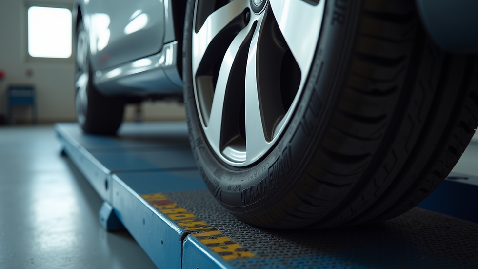 Close-up view of a car tire being balanced on a wheel balancer machine
