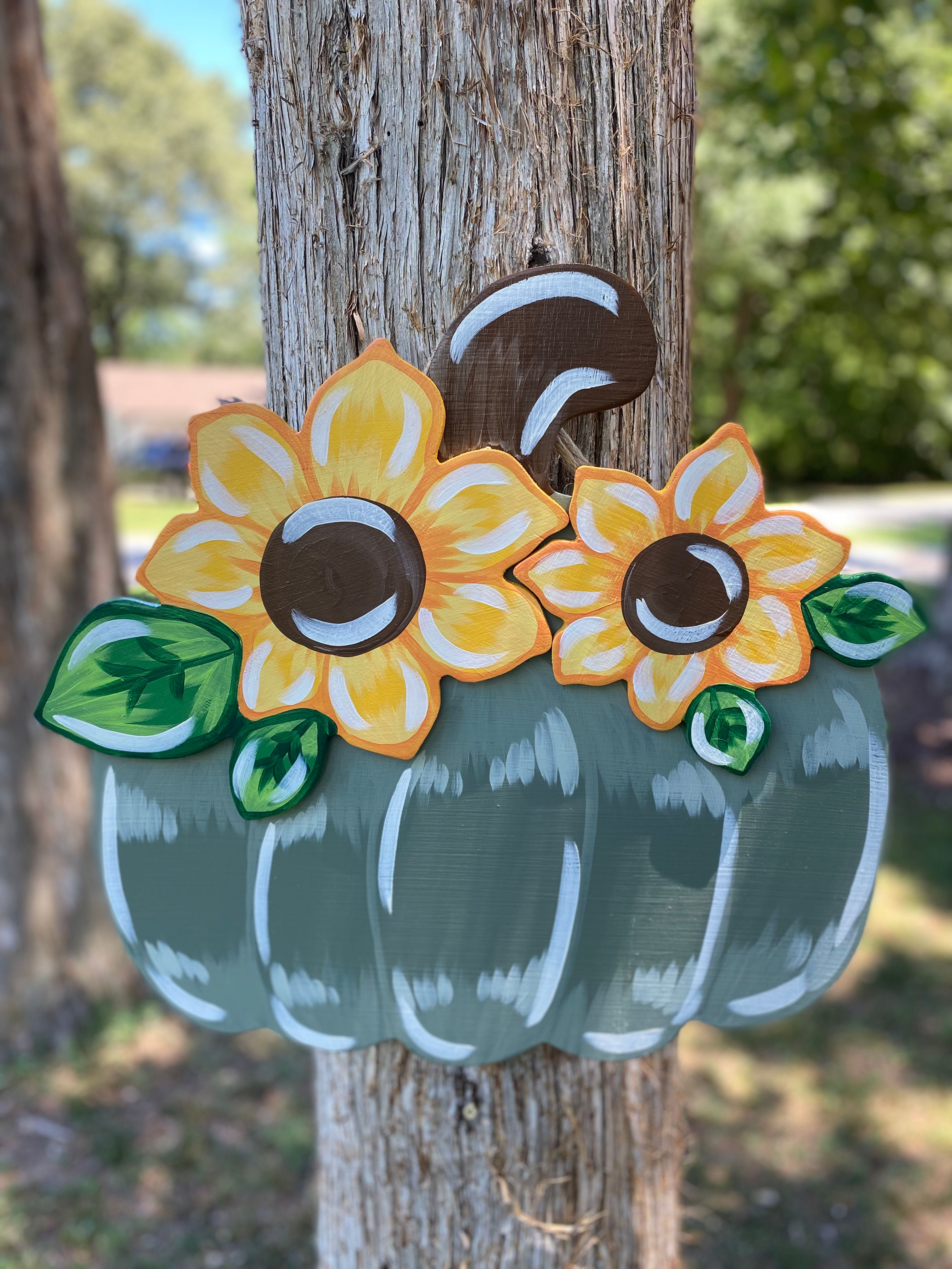 Aubri’s 3D Green Pumpkin with Yellow Sunflowers 