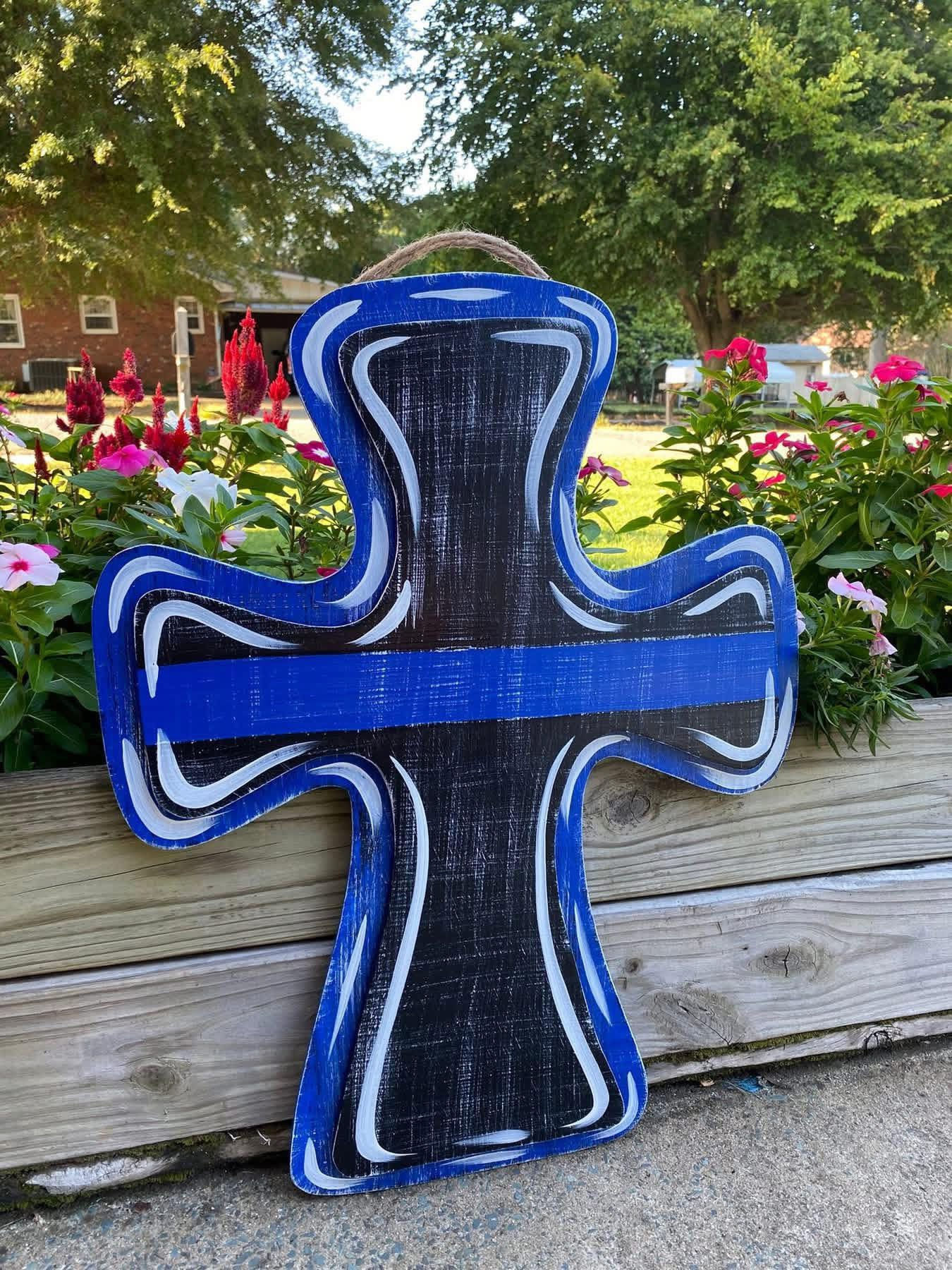 3D Thin Blue Line Cross Door Hanger
